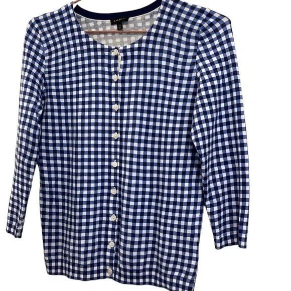 TALBOTS Gingham Cardigan Tank Blue Sweater - Picture 9 of 12